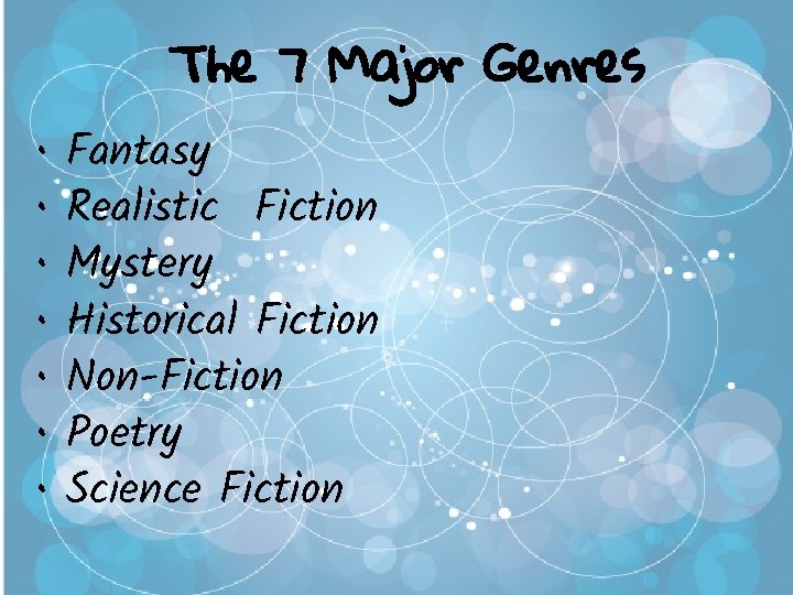 The 7 Major Genres • • Fantasy Realistic Fiction Mystery Historical Fiction Non-Fiction Poetry