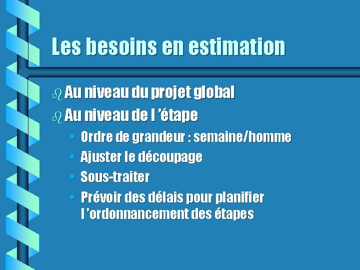 Les besoins en estimation Au niveau du projet global Au niveau de l ’étape