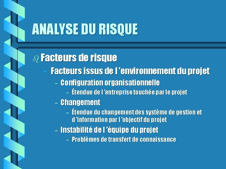 ANALYSE DU RISQUE Facteurs de risque • Facteurs issus de l ’environnement du projet