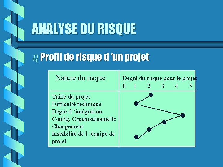 ANALYSE DU RISQUE Profil de risque d ’un projet n n n Taille du