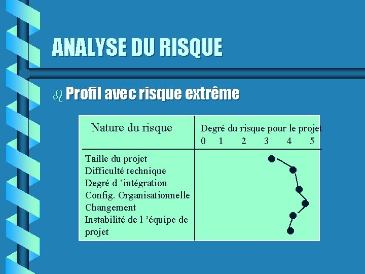 ANALYSE DU RISQUE Profil avec risque extrême n n n Taille du projet Difficulté