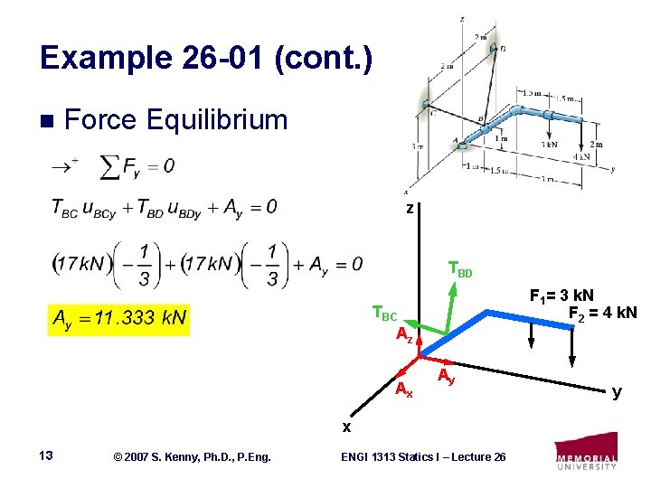 Example 26 -01 (cont. ) n Force Equilibrium z TBD F 1= 3 k.