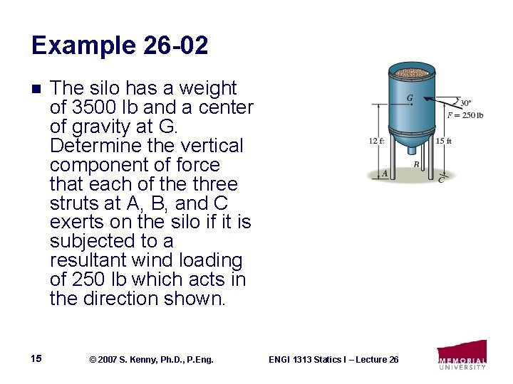Example 26 -02 n 15 The silo has a weight of 3500 lb and