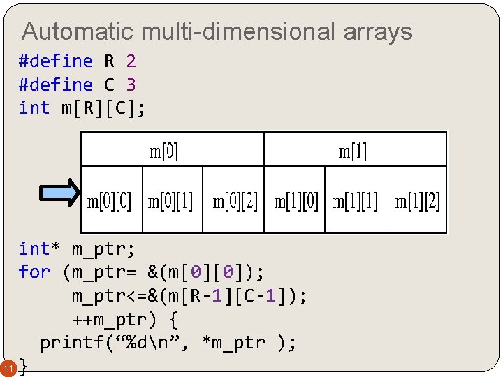 Automatic multi-dimensional arrays #define R 2 #define C 3 int m[R][C]; int* m_ptr; for