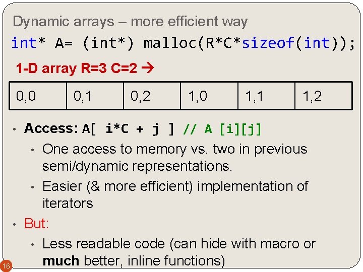 Dynamic arrays – more efficient way int* A= (int*) malloc(R*C*sizeof(int)); 1 -D array R=3