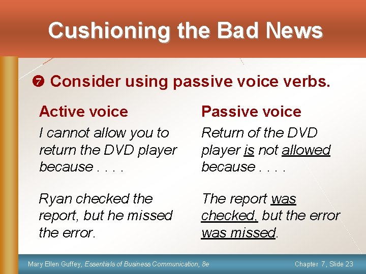 Cushioning the Bad News { Consider using passive voice verbs. Active voice Passive voice