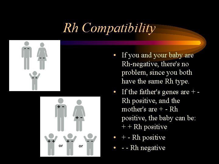 Rh Compatibility • If you and your baby are Rh-negative, there's no problem, since