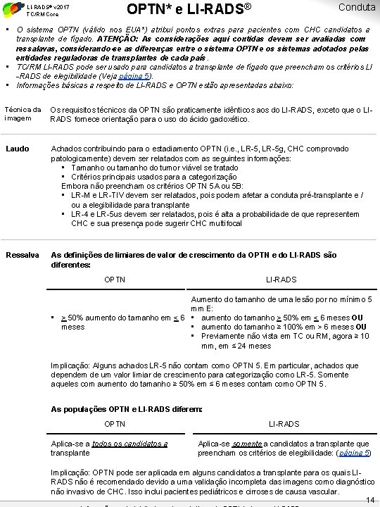 LI-RADS® v 2017 TC/RM Core OPTN* e LI-RADS® Diagnostic Algorithm Treatment Response Conduta Last