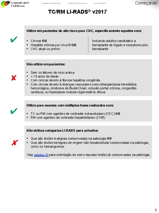 LI-RADS® v 2017 TC/RM Core Diagnostic Algorithm Treatment Response Last Viewed Começando TC/RM LI-RADS®