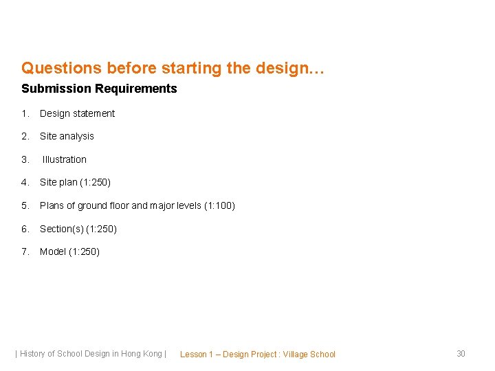 Questions before starting the design… Submission Requirements 1. Design statement 2. Site analysis 3.