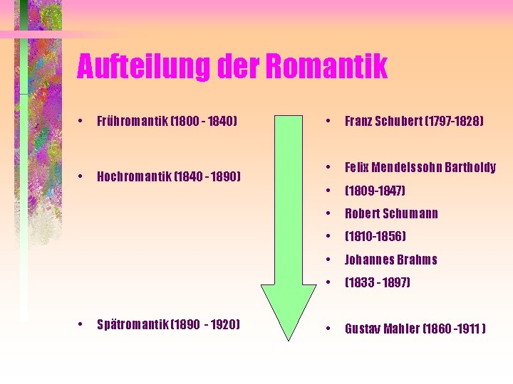 Aufteilung der Romantik • Frühromantik (1800 - 1840) • Hochromantik (1840 - 1890) •