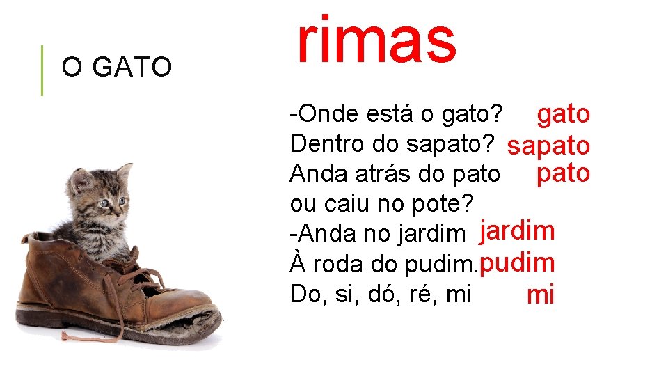 O GATO rimas -Onde está o gato? gato Dentro do sapato? sapato Anda atrás