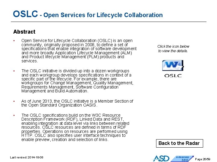 OSLC - Open Services for Lifecycle Collaboration Abstract • Open Service for Lifecycle Collaboration OSLC - Open Services for Lifecycle Collaboration Abstract • Open Service for Lifecycle Collaboration