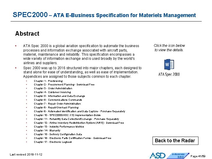 SPEC 2000 – ATA E-Business Specification for Materiels Management Abstract • • ATA Spec SPEC 2000 – ATA E-Business Specification for Materiels Management Abstract • • ATA Spec