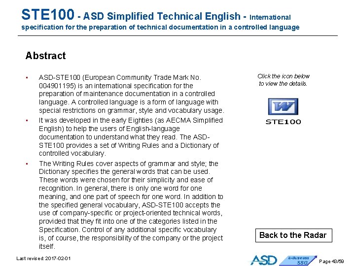 STE 100 - ASD Simplified Technical English - International specification for the preparation of STE 100 - ASD Simplified Technical English - International specification for the preparation of