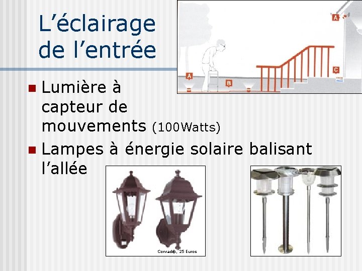 L’éclairage de l’entrée Lumière à capteur de mouvements (100 Watts) n Lampes à énergie