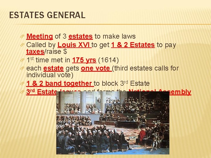 ESTATES GENERAL Meeting of 3 estates to make laws Called by Louis XVI to