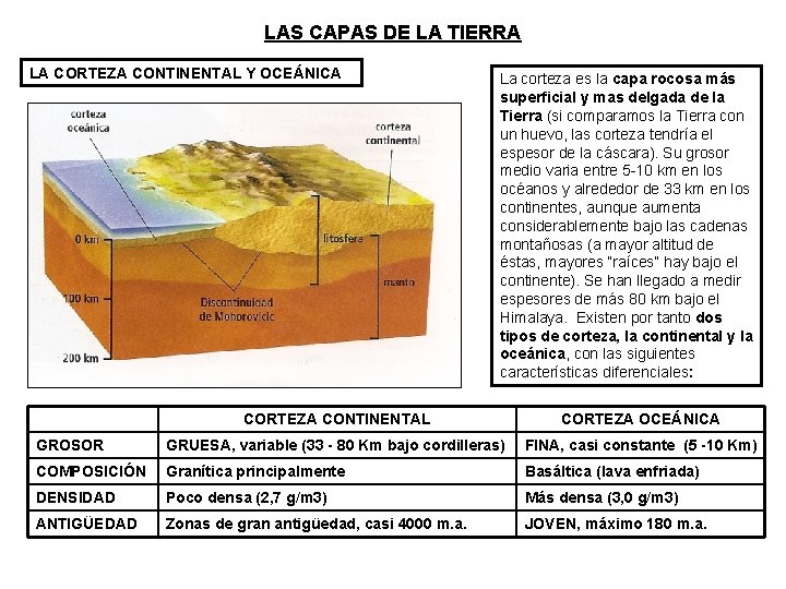 LAS CAPAS DE LA TIERRA LA CORTEZA CONTINENTAL Y OCEÁNICA La corteza es la