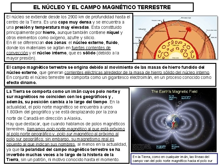 EL NÚCLEO Y EL CAMPO MAGNÉTICO TERRESTRE El núcleo se extiende desde los 2900