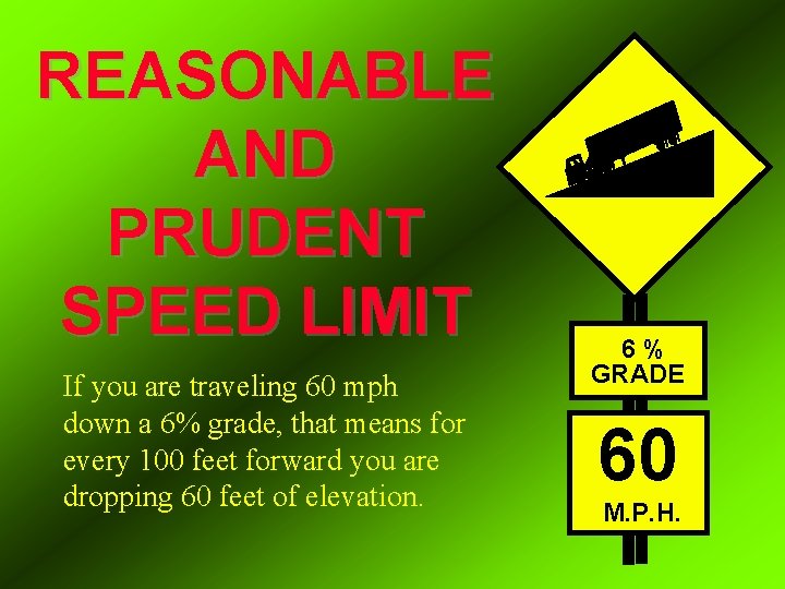 REASONABLE AND PRUDENT SPEED LIMIT If you are traveling 60 mph down a 6%