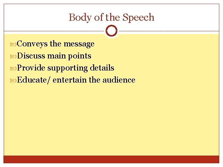 Body of the Speech Conveys the message Discuss main points Provide supporting details Educate/