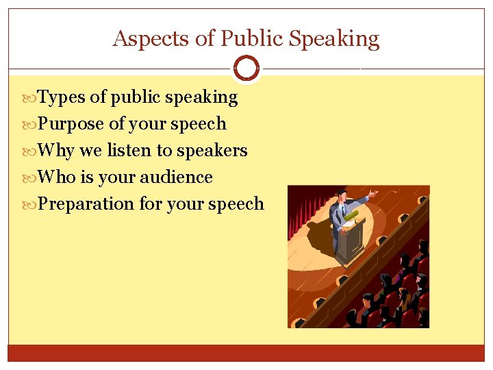 Aspects of Public Speaking Types of public speaking Purpose of your speech Why we