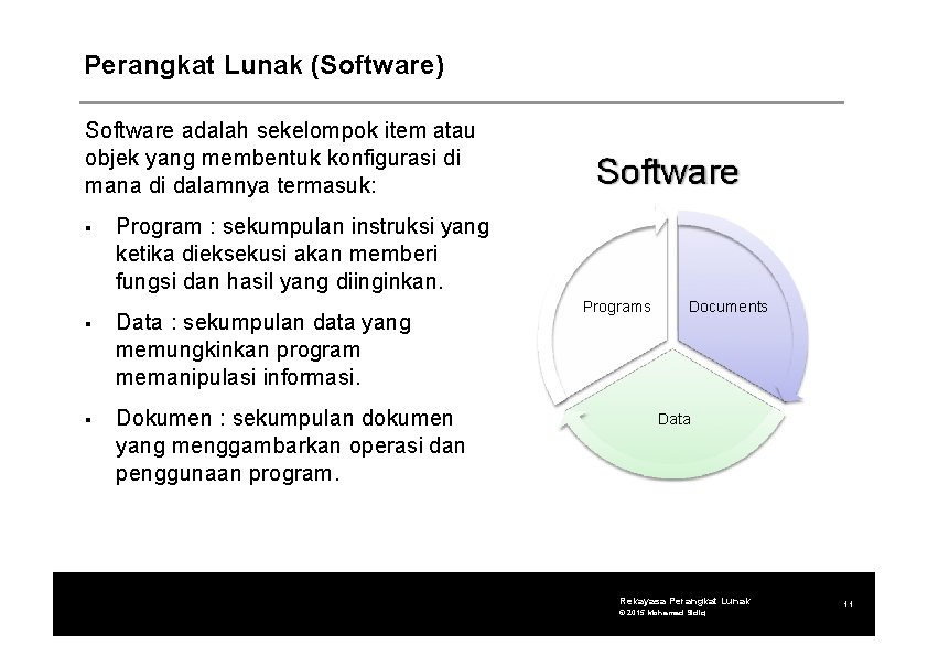 Perangkat Lunak (Software) Software adalah sekelompok item atau objek yang membentuk konfigurasi di mana
