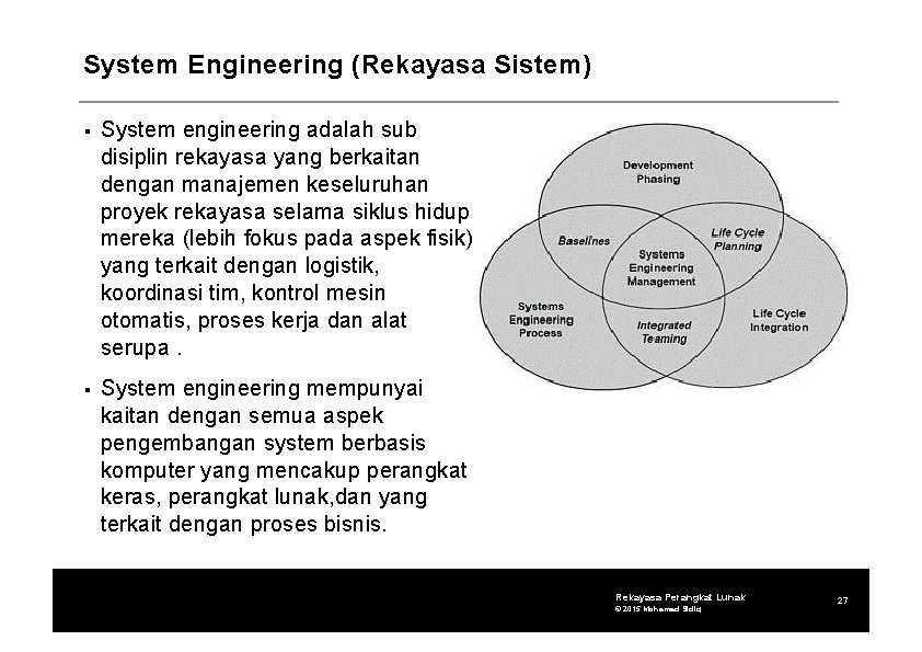 System Engineering (Rekayasa Sistem) System engineering adalah sub disiplin rekayasa yang berkaitan dengan manajemen