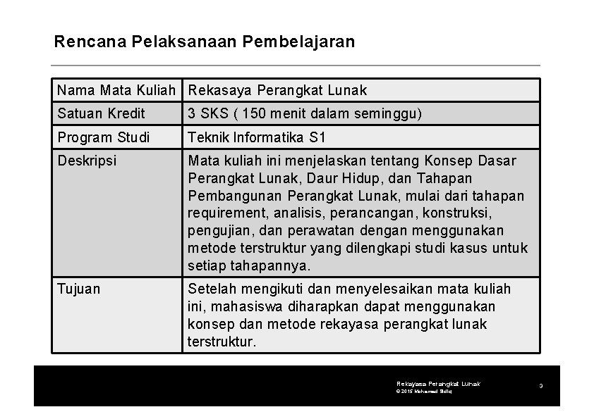 Rencana Pelaksanaan Pembelajaran Nama Mata Kuliah Rekasaya Perangkat Lunak Satuan Kredit 3 SKS (
