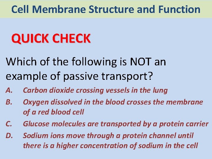 Cell Membrane Structure and Function QUICK CHECK Which of the following is NOT an