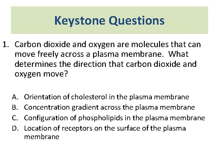 Keystone Questions 1. Carbon dioxide and oxygen are molecules that can move freely across