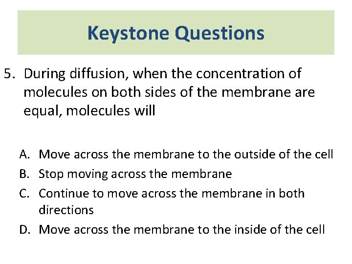 Keystone Questions 5. During diffusion, when the concentration of molecules on both sides of