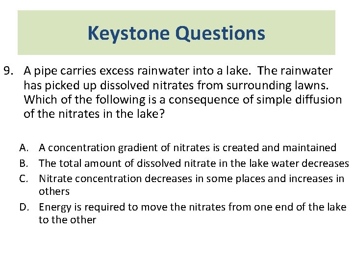 Keystone Questions 9. A pipe carries excess rainwater into a lake. The rainwater has