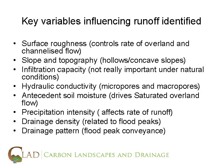 Key variables influencing runoff identified • Surface roughness (controls rate of overland channelised flow)