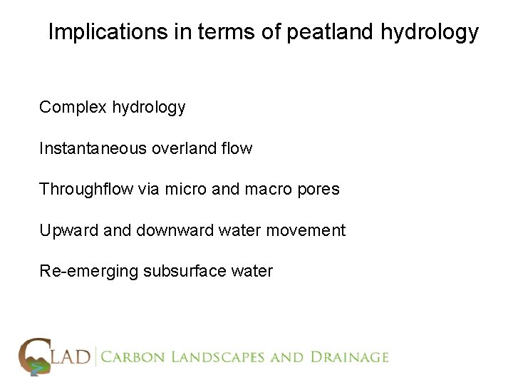 Implications in terms of peatland hydrology Complex hydrology Instantaneous overland flow Throughflow via micro