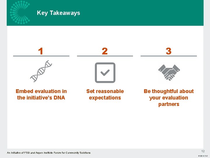 Key Takeaways 1 2 3 Embed evaluation in the initiative’s DNA Set reasonable expectations