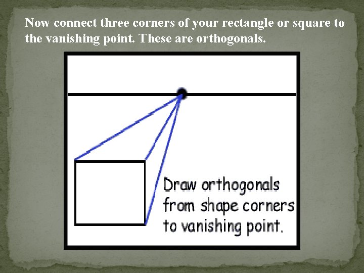 Now connect three corners of your rectangle or square to the vanishing point. These