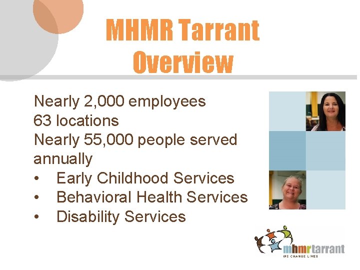MHMR Tarrant Overview Nearly 2, 000 employees 63 locations Nearly 55, 000 people served