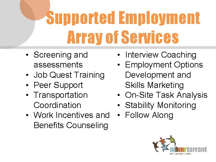 Supported Employment Array of Services • Screening and assessments • Job Quest Training •