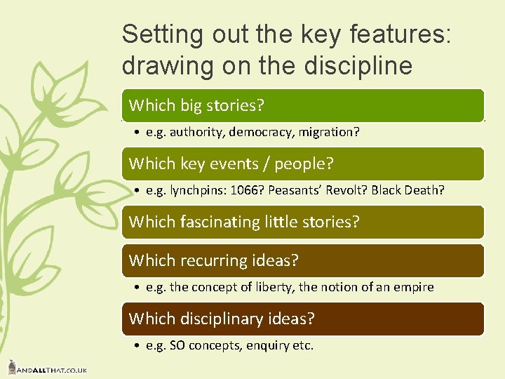 Setting out the key features: drawing on the discipline Which big stories? • e. Setting out the key features: drawing on the discipline Which big stories? • e.