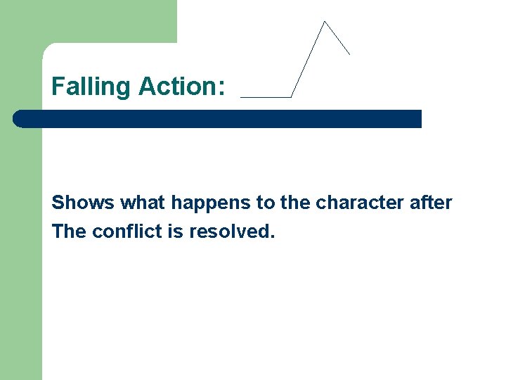 Falling Action: Shows what happens to the character after The conflict is resolved. 