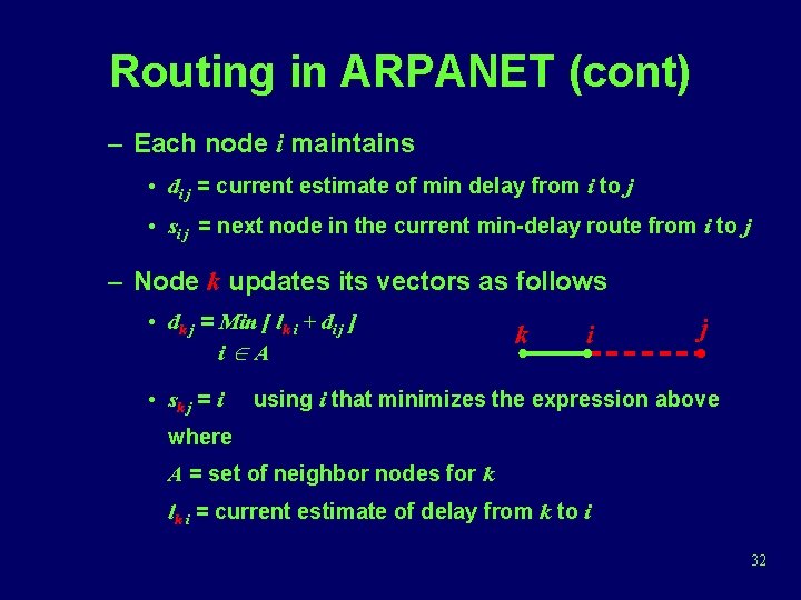 Routing in ARPANET (cont) – Each node i maintains • di j = current