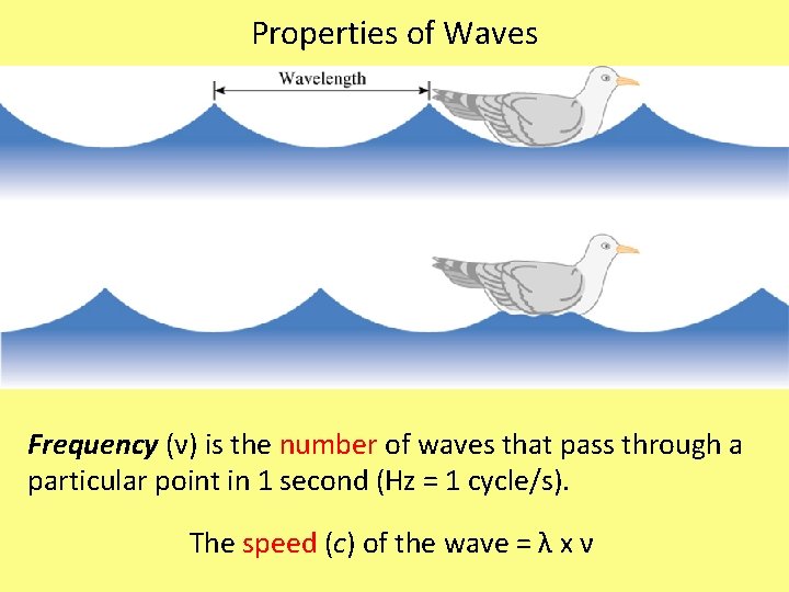Properties of Waves Frequency (ν) is the number of waves that pass through a