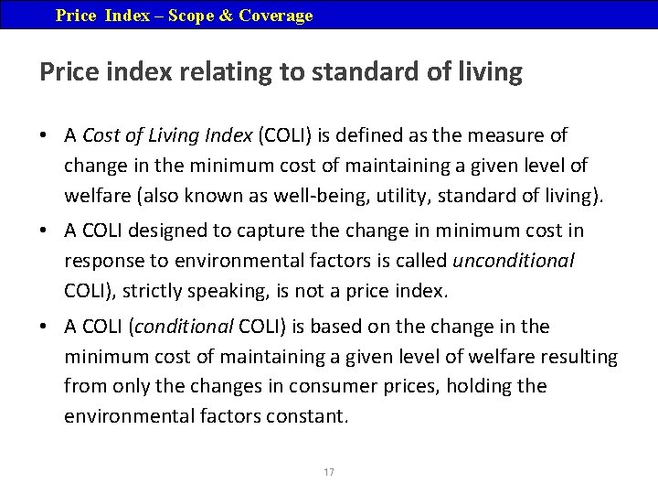 Price Index – Scope & Coverage Price index relating to standard of living •