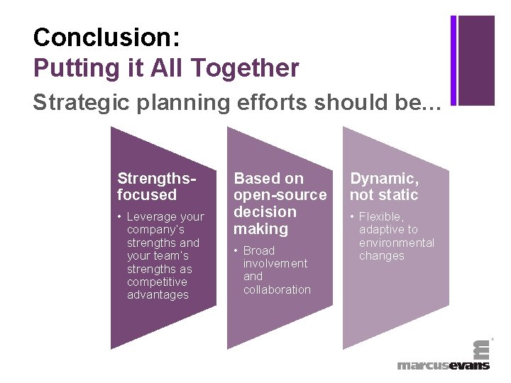 + Conclusion: Putting it All Together Strategic planning efforts should be… Strengthsfocused • Leverage