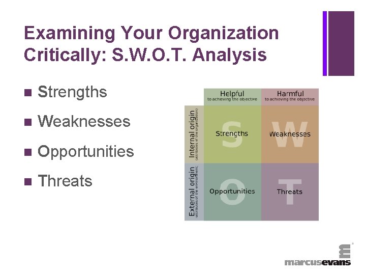 + Examining Your Organization Critically: S. W. O. T. Analysis n Strengths n Weaknesses