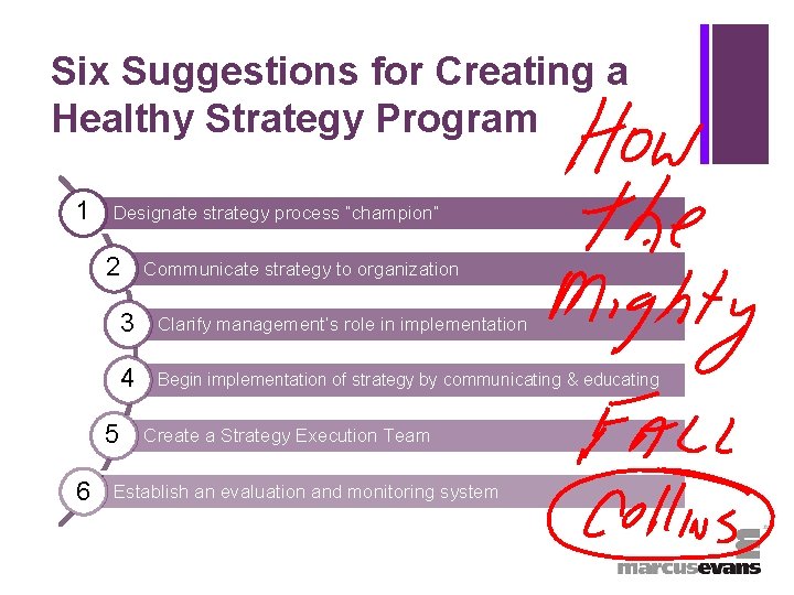 + Six Suggestions for Creating a Healthy Strategy Program 1 Designate strategy process “champion”