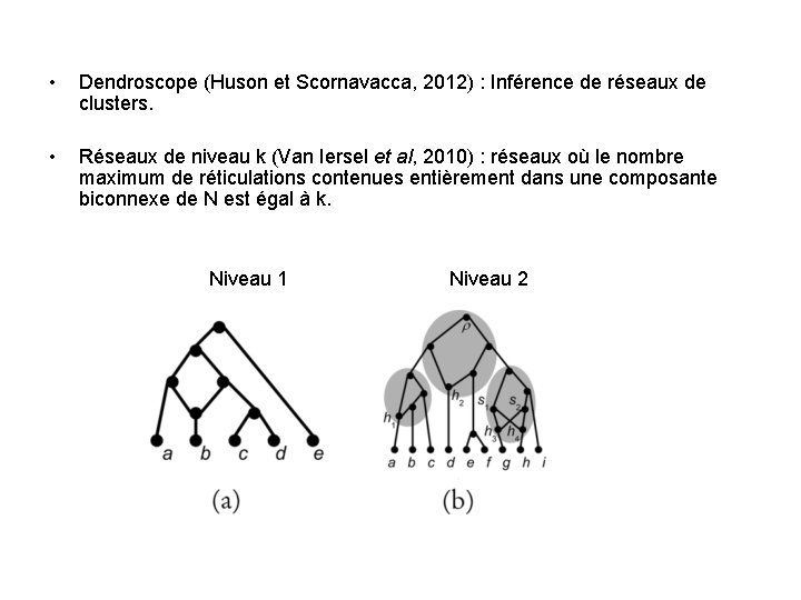  • Dendroscope (Huson et Scornavacca, 2012) : Inférence de réseaux de clusters. •
