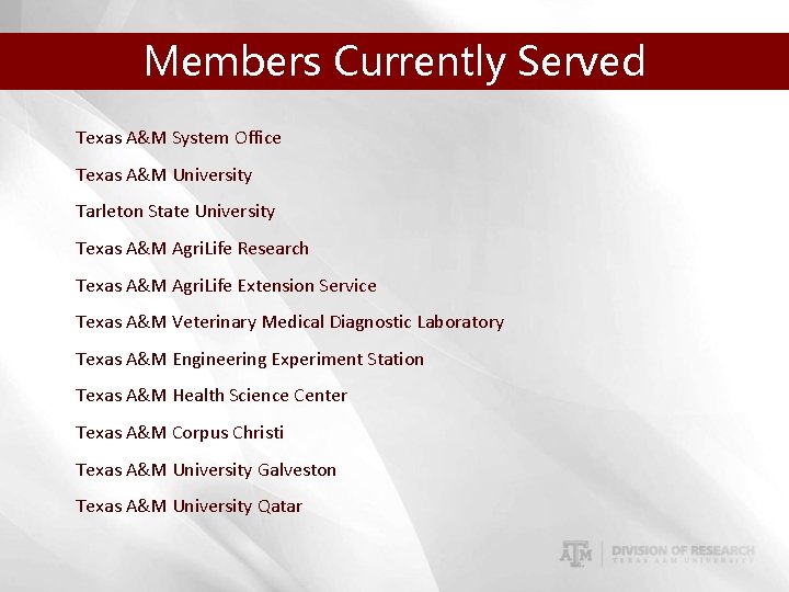 Members Currently Served Texas A&M System Office Texas A&M University Tarleton State University Texas