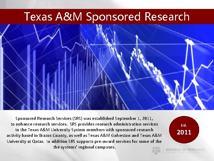 Texas A&M Sponsored Research Services (SRS) was established September 1, 2011, to enhance research